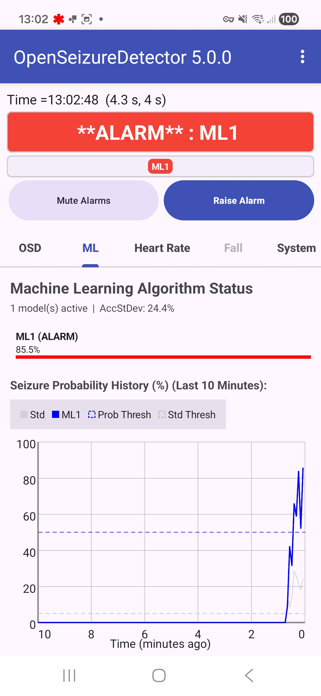 Screenshot of the OpenSeizureDetector app advanced mode (ALARM status)