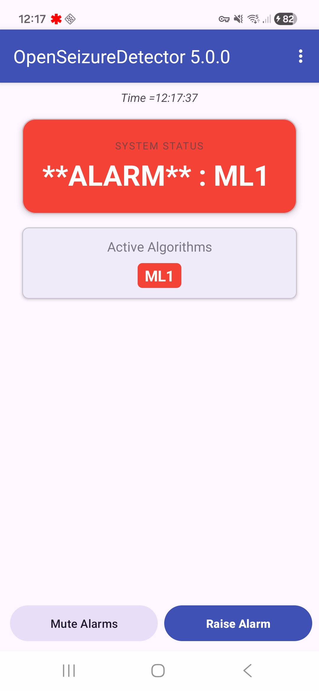 Screenshot of the OpenSeizureDetector app (ALARM status)