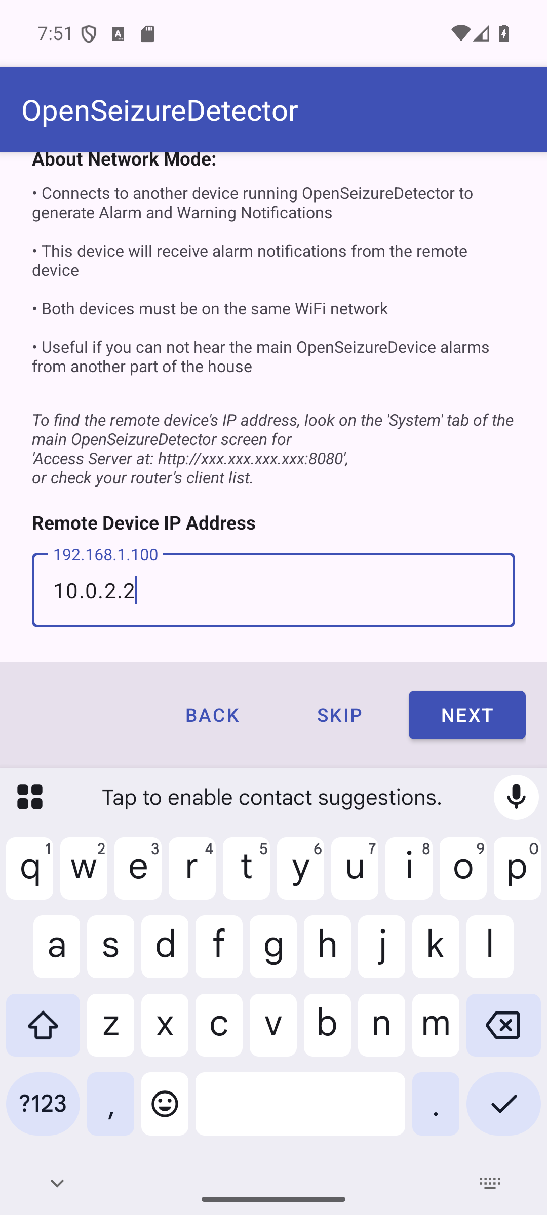 Network configuration - IP address entered and validated