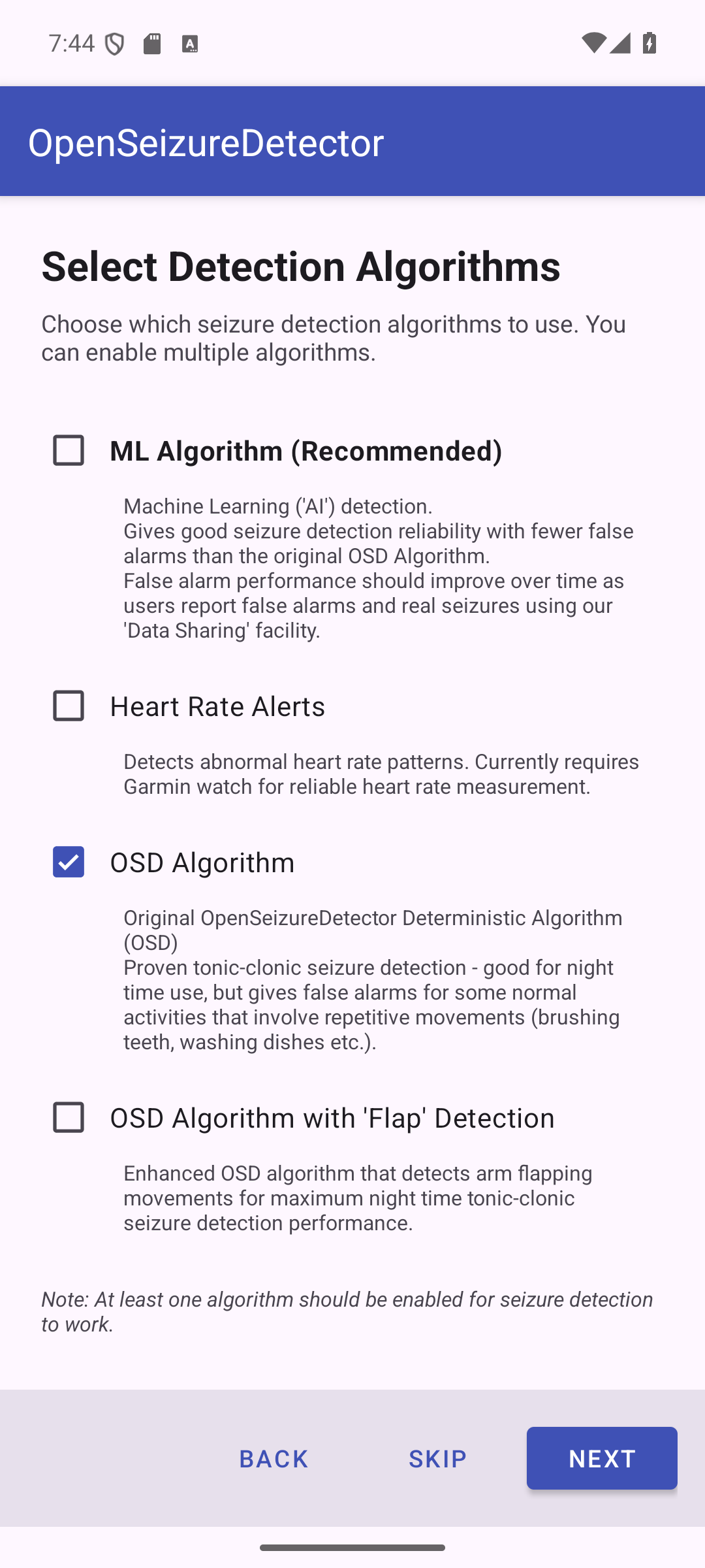 Algorithm selection screen