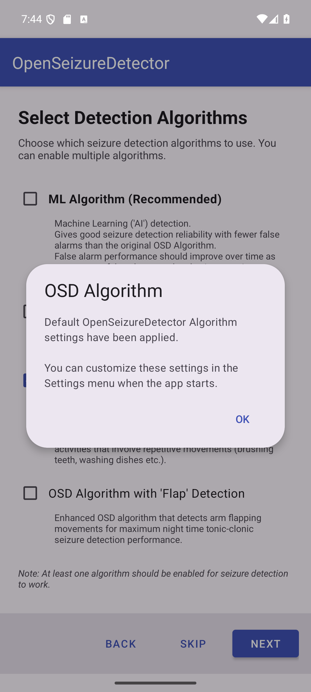 OSD Algorithm configuration dialog