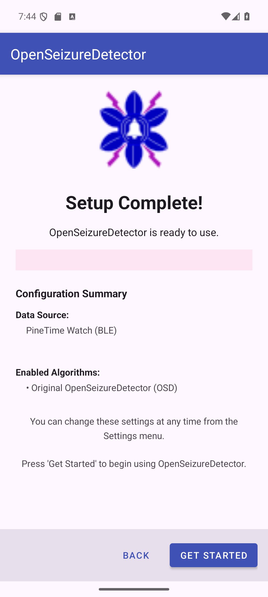 Setup complete screen